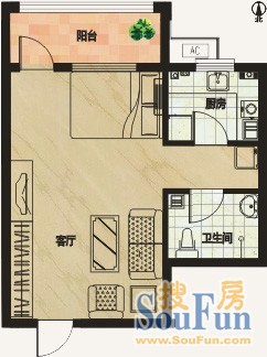 金沙公寓金沙美寓 1室 户型图 1室0厅1卫1厨 48.00㎡