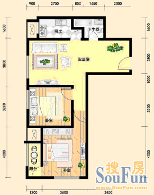 阳光嘉苑阳光嘉苑 2室 户型图 2室2厅1卫1厨 85.00㎡