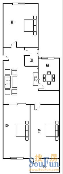 英雄山路房地产开发公司宿舍户型图 3室1厅1卫1厨 0.00㎡