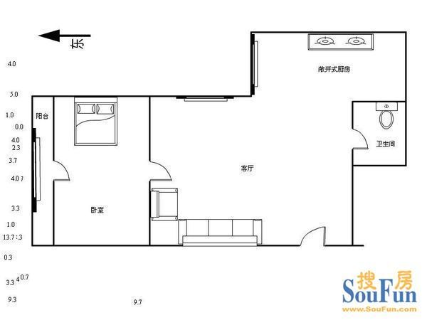 铁道部5号院铁道部5号院 1室 户型图&nbsp;1室1厅1卫1厨 59.00㎡