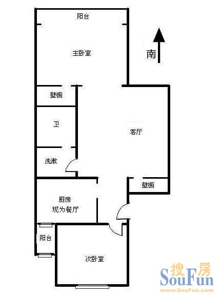 民族学院南路7号院2室 户型图 2室1厅1卫1厨 85.00㎡