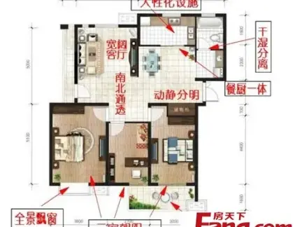 2019三室两厅户型平面图-房天下装修效果图