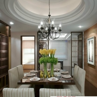 搭配带有金色流苏的灯具,丰富的吊顶造型对餐厅和客厅