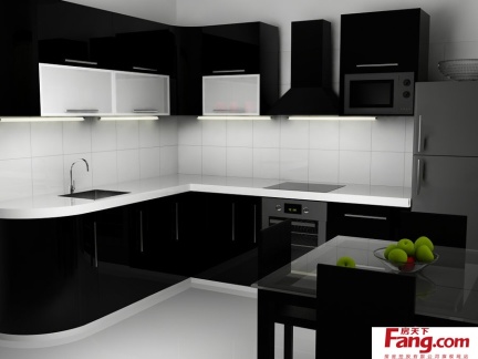 黑白简约厨房装修效果图 黑色橱柜效果图