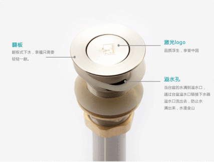 潜水艇面盆下水器 不锈钢洗脸盆翻板去水器 带溢水孔cq-1