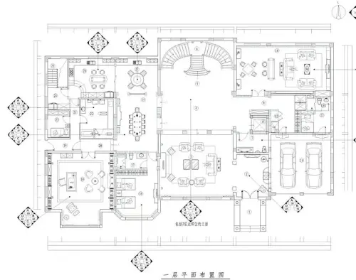 喜欢 0 北京碧水庄园590平别墅装修混搭风格一层平面布置图