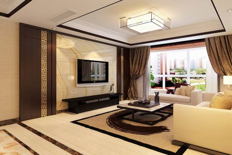 新中式风格 三居室客厅影视墙装修效果图大全