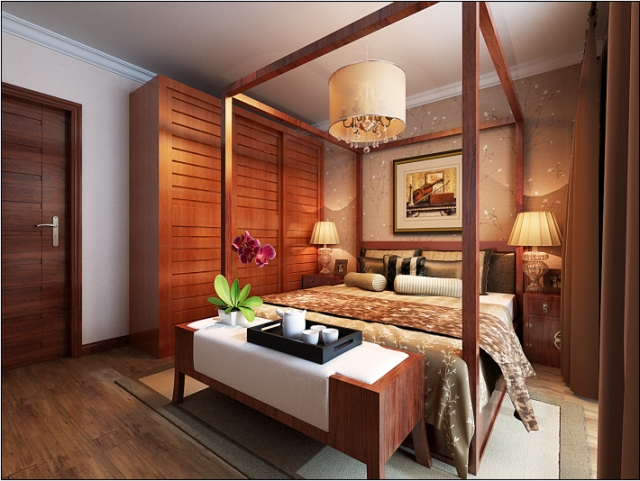 中式风格三居室卧室壁纸装修效果图大全-室内设计师
