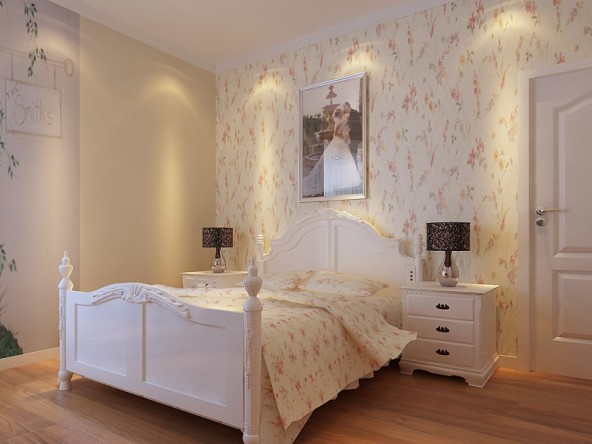 卧室:卧室顶面一圈采用石膏线,背景墙选用碎花壁纸,地板和客厅一样