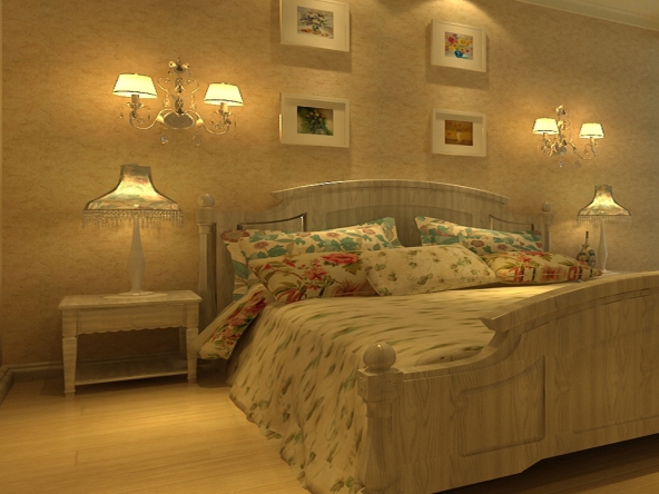 暖色系的壁纸使卧室更为温馨,铁艺灯饰凸显地中海风格,达到卧室和房屋