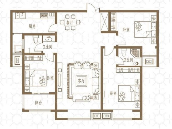 新芒果和郡129平方三室两厅两卫装修案例-户型图