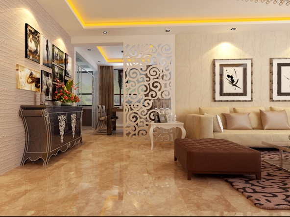 米黄色的瓷砖 搭配浅色的沙发 现代感的壁纸 让空间更加温馨 背景墙用