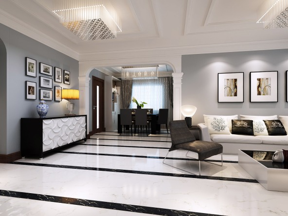 客厅地面的浅色地砖中加入黑色条石个性时尚,墙面双层石膏线设计增加