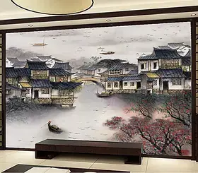 鑫雅 无缝壁画 客厅壁纸沙发电视背景墙纸 江南水乡风景 水墨画