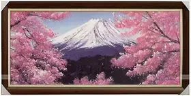 高品质 纯手绘油画中亚挂画日本名景装饰客厅壁画 富士山下的樱花