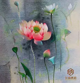 江南绣庄苏绣 79*79苏州刺绣荷花成品 纯手工精品 客厅画 荷韵