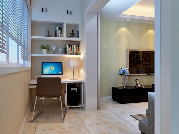 实用性与生活的方便性结合,电脑桌的设计,阳台兼具休闲区的功能,隔板