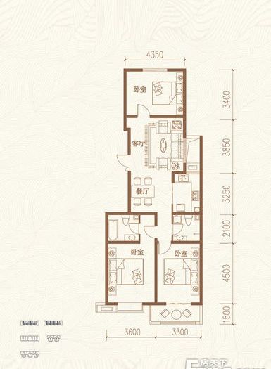 三室二厅二卫彩色户型图