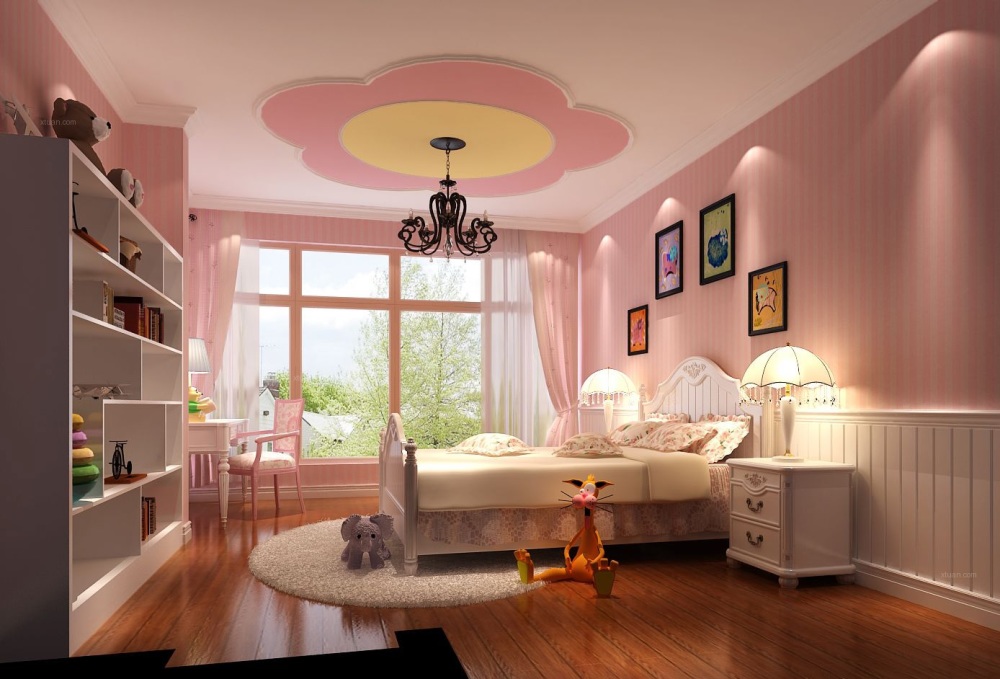 粉色美式儿童房储物柜效果图