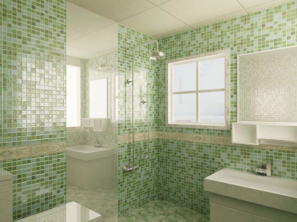 现代卫生间浅绿色马赛克瓷砖背景墙效果图