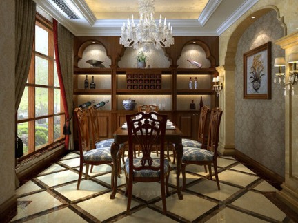 中式古典风格三居室餐厅木色酒柜效果图