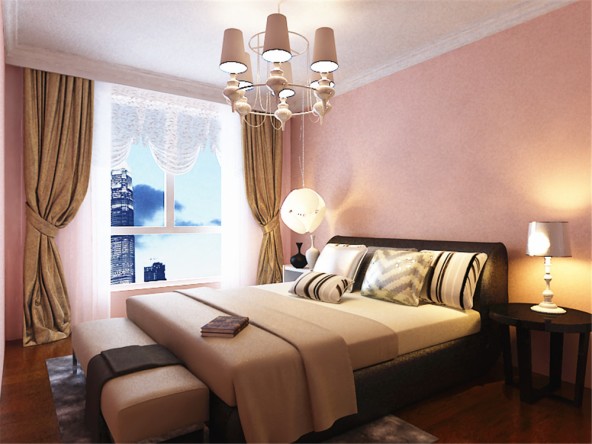 卧室以暖色调为主,墙面为浅紫色乳乳胶漆使得卧室温馨舒适.
