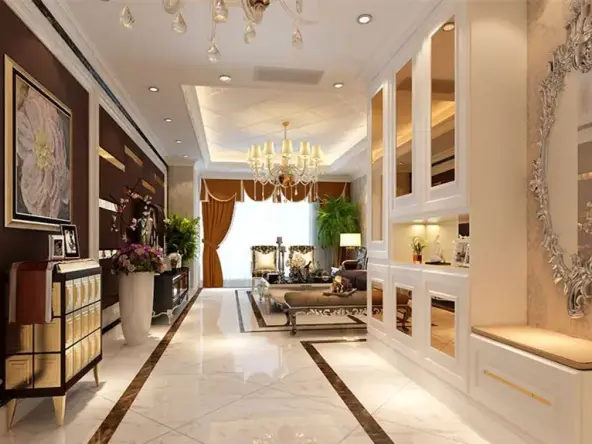 用石材手边 软包装饰电视背景墙，突出欧式风格的奢华大气，一进门的玄关衣帽柜又将视觉空间感扩大了许多。