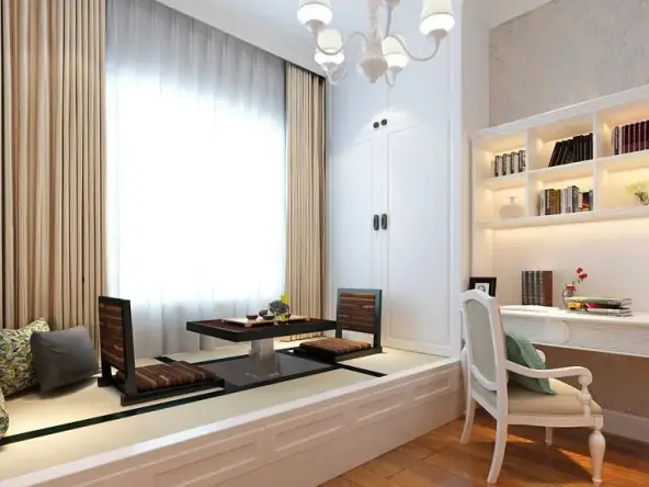 窗边定制白色踏踏米，打造了一个简约欧式的休闲区域。简单欧式用简化的手法、现代的材料去追求传统式样的大致轮廓特点。