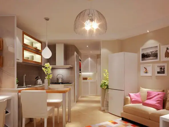 客厅设计通过把厨房、餐厅、客厅的区域的巧妙划分，使整个空间里有各自功能的分区。整个客厅满足了待客、学习、休闲、办公、用餐等功能。