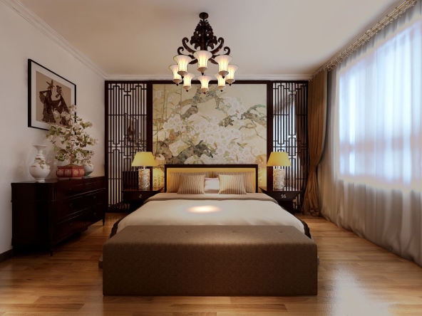 卧室床头背景墙采用中式风格设计,梅花壁纸突显了主人的贵气,两边为