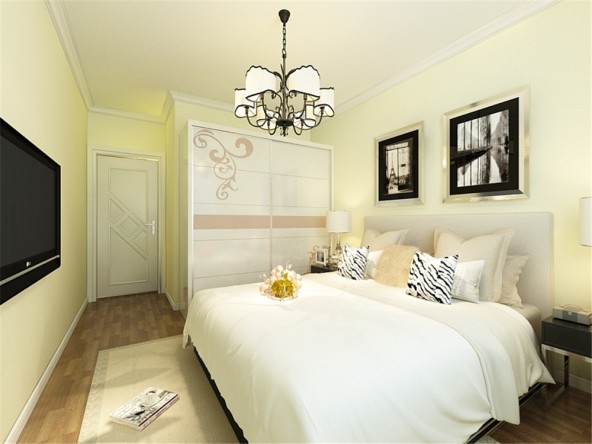 主卧室整体墙也是米黄色乳胶漆,只有床头背景贴有壁纸.