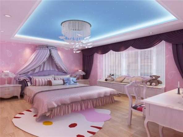 每个小女孩都希望自己有个童话般的公主房 ,蓝色的光纤星空顶,淡紫色