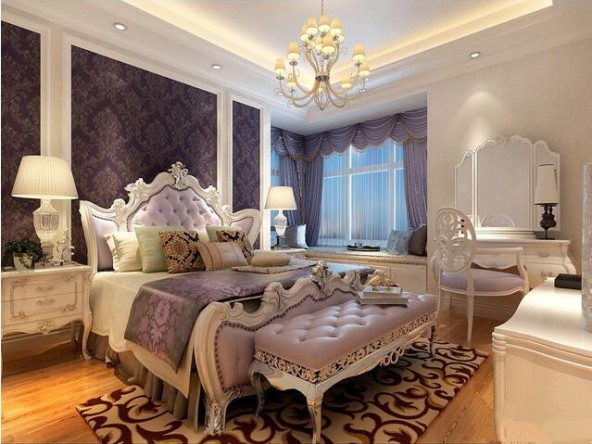 卧室的风格床头背景墙用欧式的踢脚线做欧式的造型,内铺贴欧式的壁纸