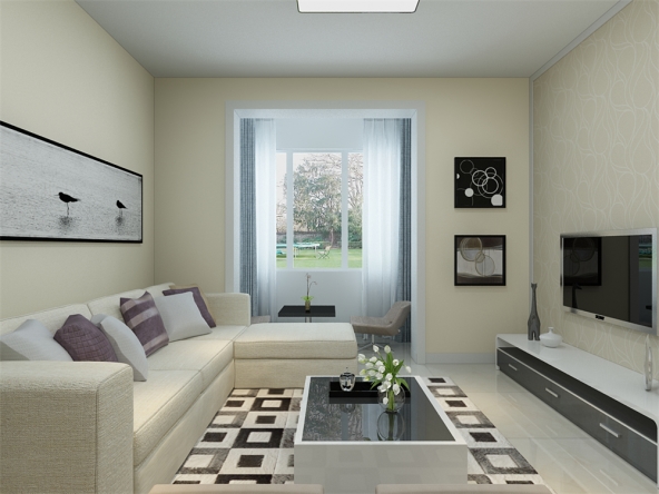 沙发选择的也是米黄色的和室内的色调相搭配,白色边框搭配黑镜的的