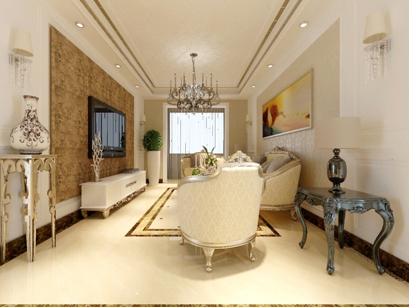 本案设计建议客厅以米黄大理石纹理地砖为主.