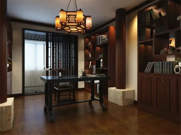 客厅电视墙大理石,沙发背景墙中式的画布,书房多宝阁和书架,中式装饰