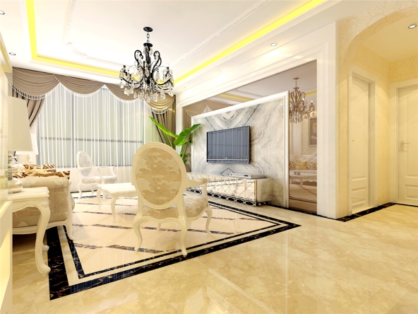 本案客厅运用的是抛釉的地砖,米黄色的色调,整体的客厅满是造型棚