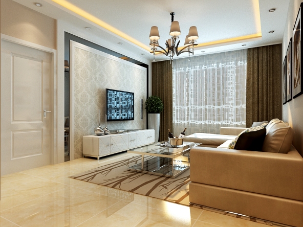 客厅采用暖色理石纹理瓷砖,客厅采用直线边棚与其他空间隔开,整体客厅