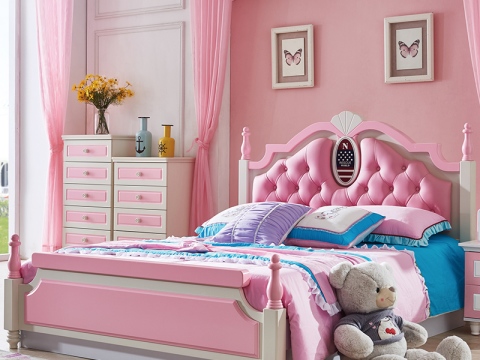 途疆 儿童床女孩公主床1.5米主卧欧式双人床女孩粉红色组合多功能