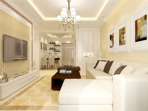 客厅采用米黄色理石纹理瓷砖,客厅简易直线造型边棚,合理的划分了每一