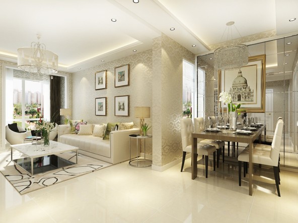 客厅作为待客区域,要稳重,用白色地砖,墙体黄色壁纸使整体上宽敞.