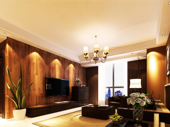 客厅的电视背景墙采用了木地板上墙的工艺,搭配深色窗帘,和家具做呼应