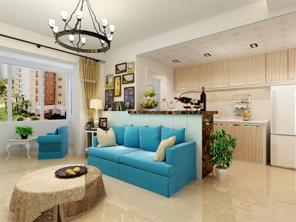 蓝色的美式沙发在小户型里有一个特别的味道,这样的搭配,突出沙发的