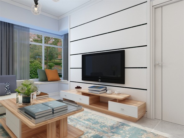 客厅作为待客区域,要明快光鲜,用石膏线石膏板电视墙实用美观,使整体