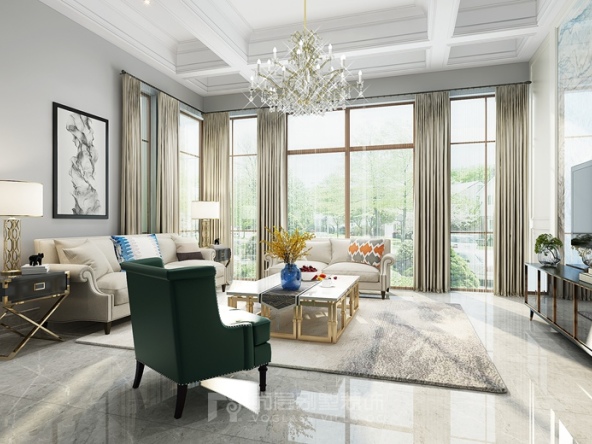 轻奢风格别墅装修客厅金属线条的璀璨与与阳光的交织是客厅的主旋律
