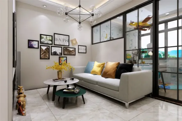 客餐厅地面选择同款800*800大地砖通铺,墙面咖色乳胶漆涂刷,通过家具