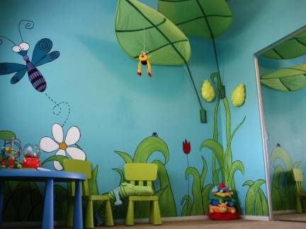 蓝色现代风格优雅幼儿园背景墙装修美图