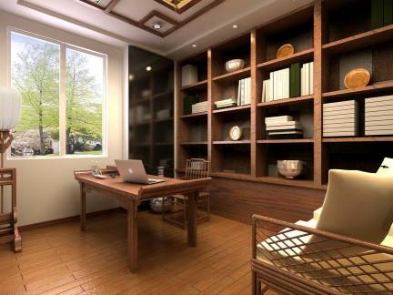 棕色中式风格温馨书房书柜装修图片