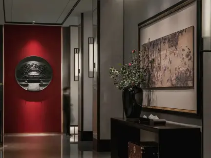 复古红色背景墙玄关pinnacle平博效果图