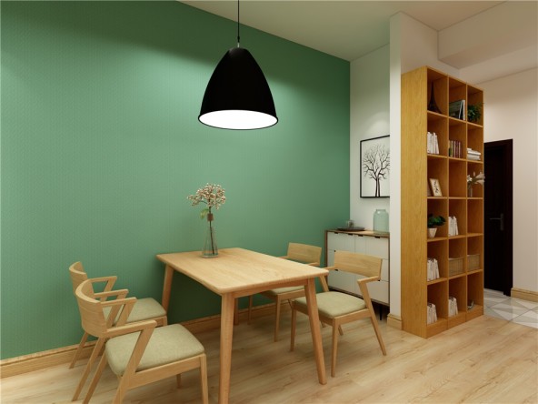 客厅餐厅卧室通铺地板,墙面采用白色和淡绿色乳胶漆,简单装饰照片墙和